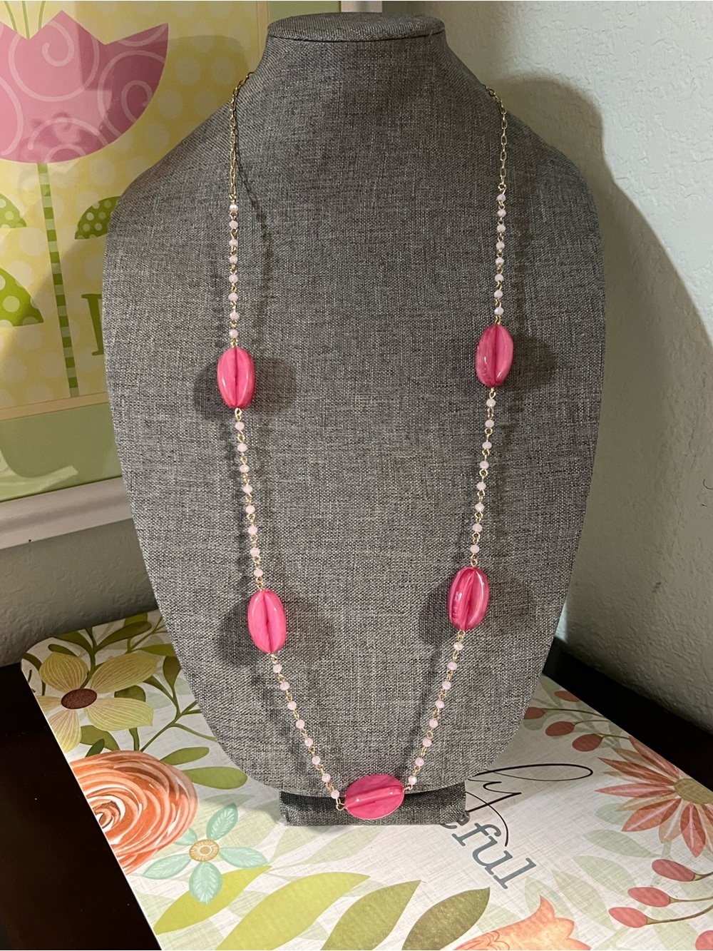 Natasha Couture Bright Pink Bead Station Necklace #JW7
